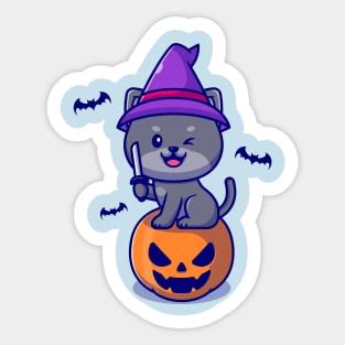 Cute Witch Cat Sitting On Pumpkin Halloween Holding Knife  Cartoon Sticker